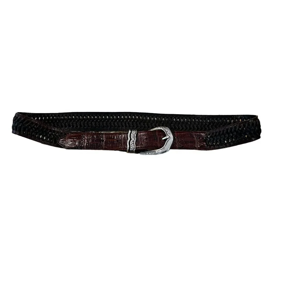 Brighton Brown Crocodile W/Black Braid/Weave Belt W/Silver Buckle - SIZE XL 36